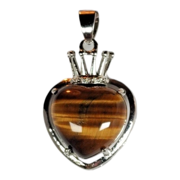 Silver Tone Metal Natural Gemstone Tiger's Eye Heart Crown Pendant Fashion Boho - Picture 1 of 13